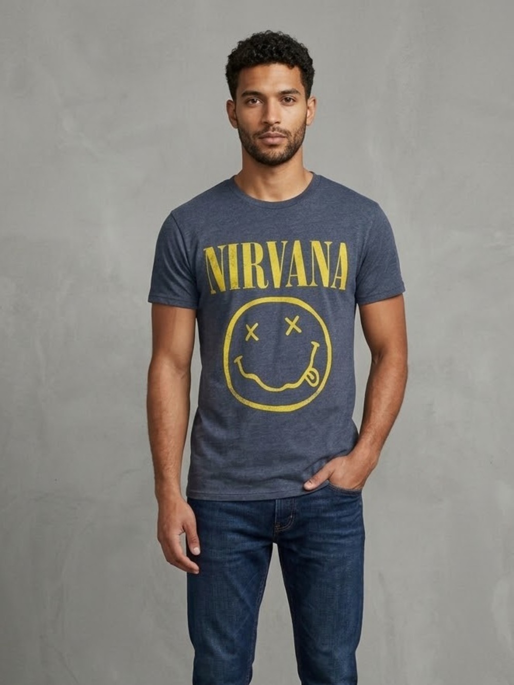NIRVANA Iconic Vintage 90s Navy Blue Tee with Yellow Smiley Graphic size small